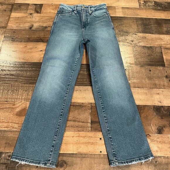 Good American Good Curve Straight Jeans Natural Fray Hem Blue 868 - Picture 3 of 8